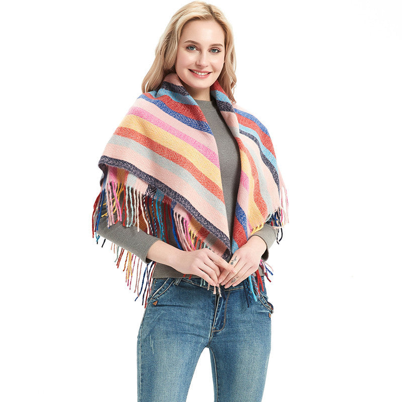 Wholesale Autumn and Winter Hoop Yarn Striped Full Polyester Long Tassel Thorn Wool Square Scarf