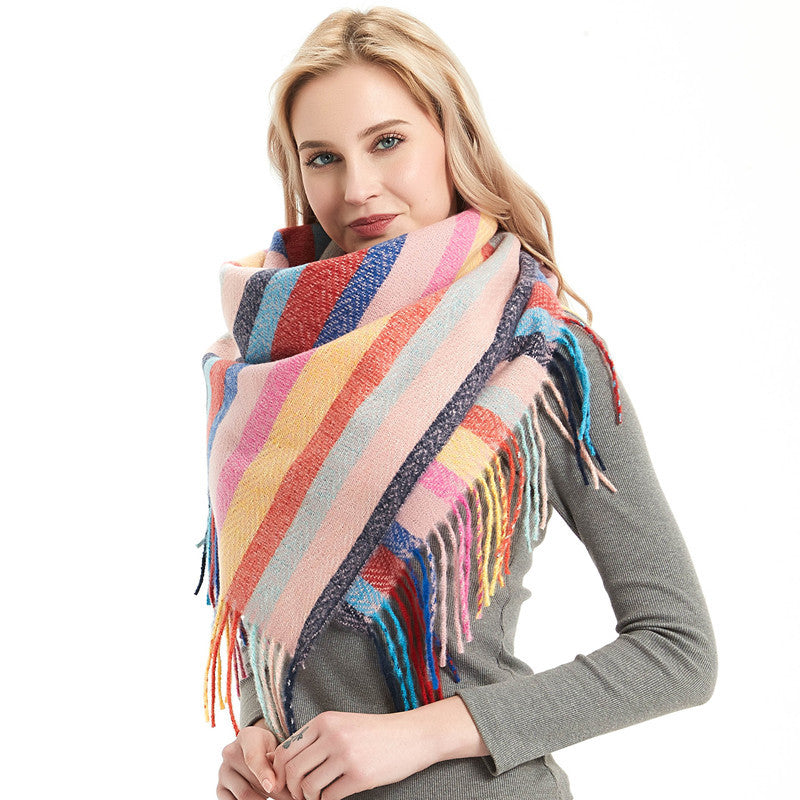 Wholesale Autumn and Winter Hoop Yarn Striped Full Polyester Long Tassel Thorn Wool Square Scarf