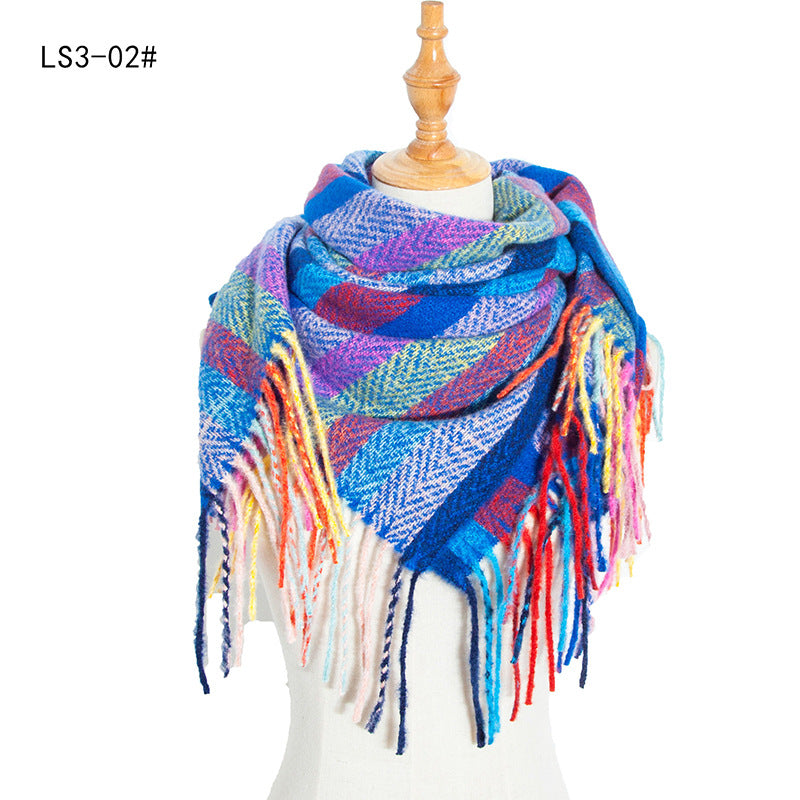Wholesale Autumn and Winter Hoop Yarn Striped Full Polyester Long Tassel Thorn Wool Square Scarf
