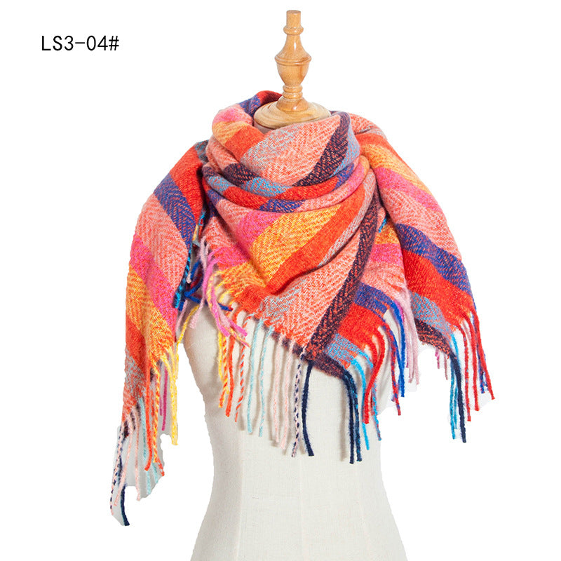 Wholesale Autumn and Winter Hoop Yarn Striped Full Polyester Long Tassel Thorn Wool Square Scarf