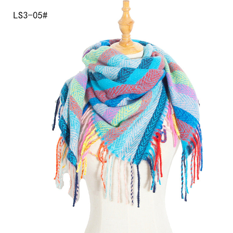 Wholesale Autumn and Winter Hoop Yarn Striped Full Polyester Long Tassel Thorn Wool Square Scarf