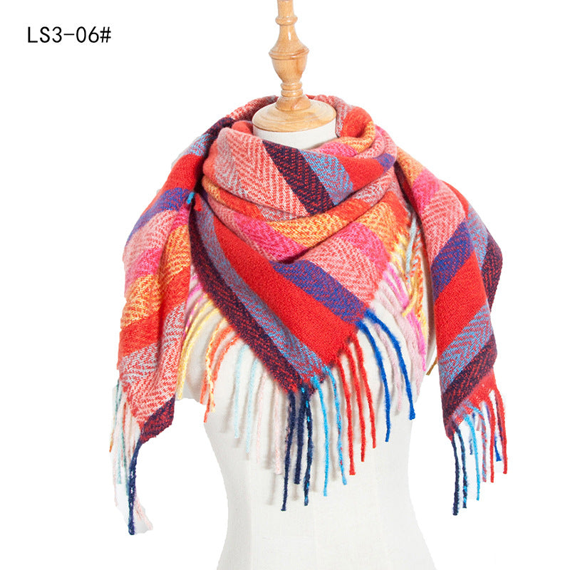 Wholesale Autumn and Winter Hoop Yarn Striped Full Polyester Long Tassel Thorn Wool Square Scarf