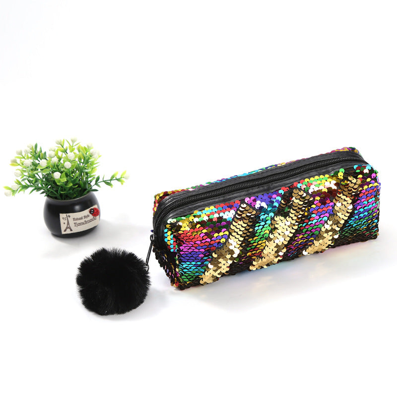 Wholesale Fur Ball Sequin Pencil Case Cosmetic Bag