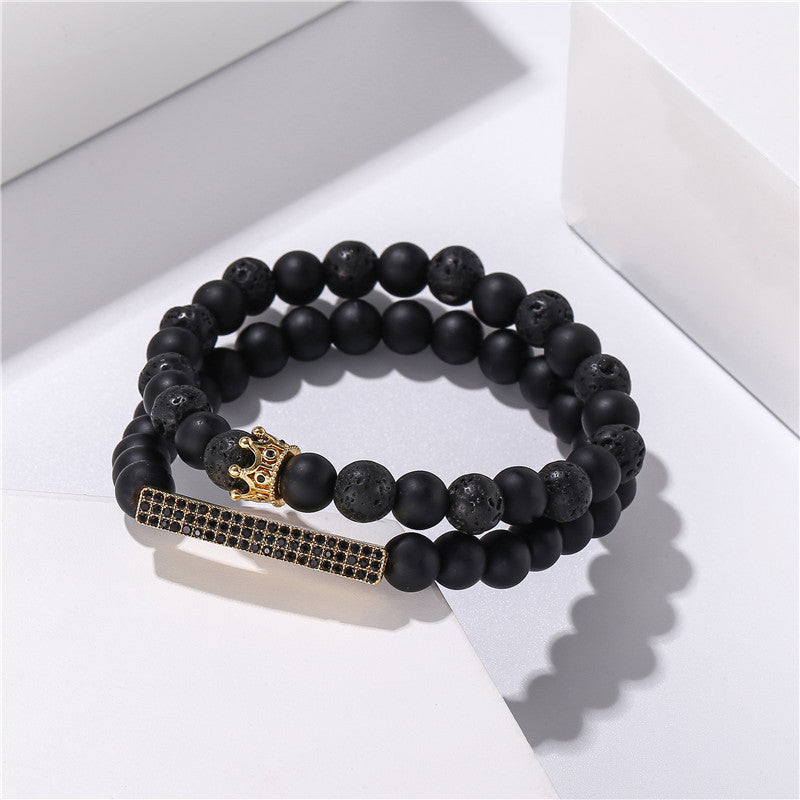 Wholesale Black Matte Stone Lava Stone Zircon Crown Bracelet