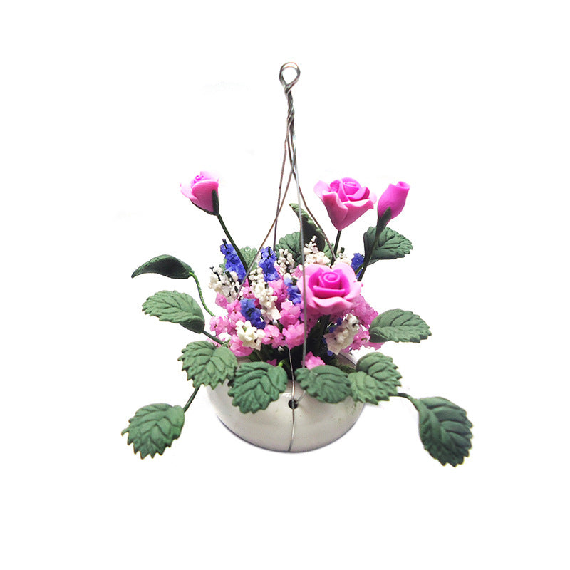 Wholesale 1:12 Dollhouse Mini Clay Pink Rose Hanging Flower Pot Model