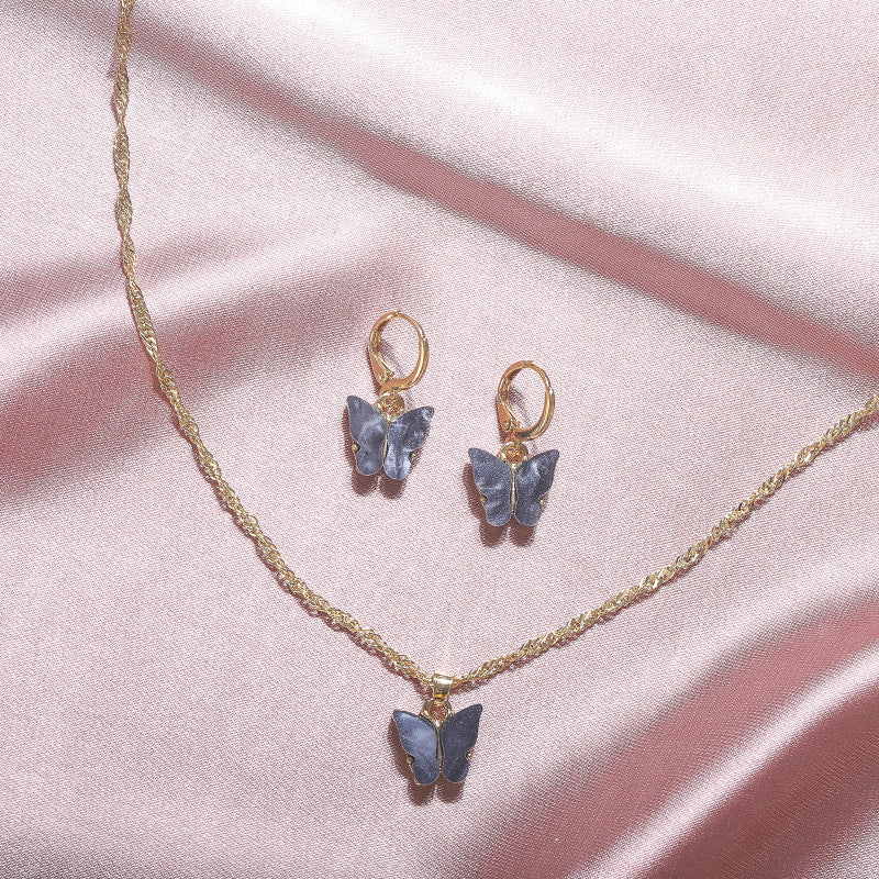 Wholesale 2pcs/pack Fashionable New Acrylic Butterfly Necklace Earrings Super Fairy Tassel Necklace Set