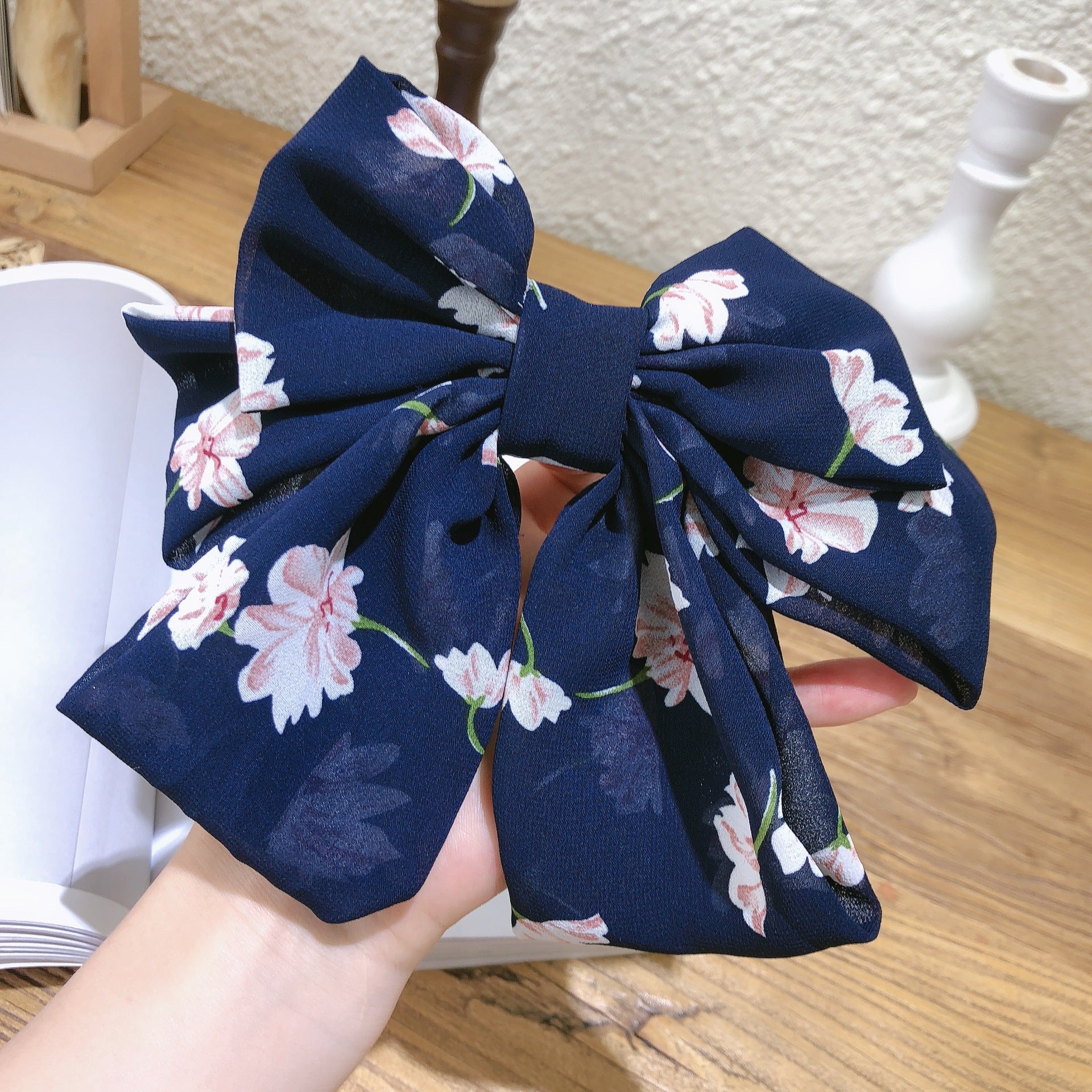 Wholesale Three-layer Floral Large Bow Fabric Chiffon Back Head Spring Clip