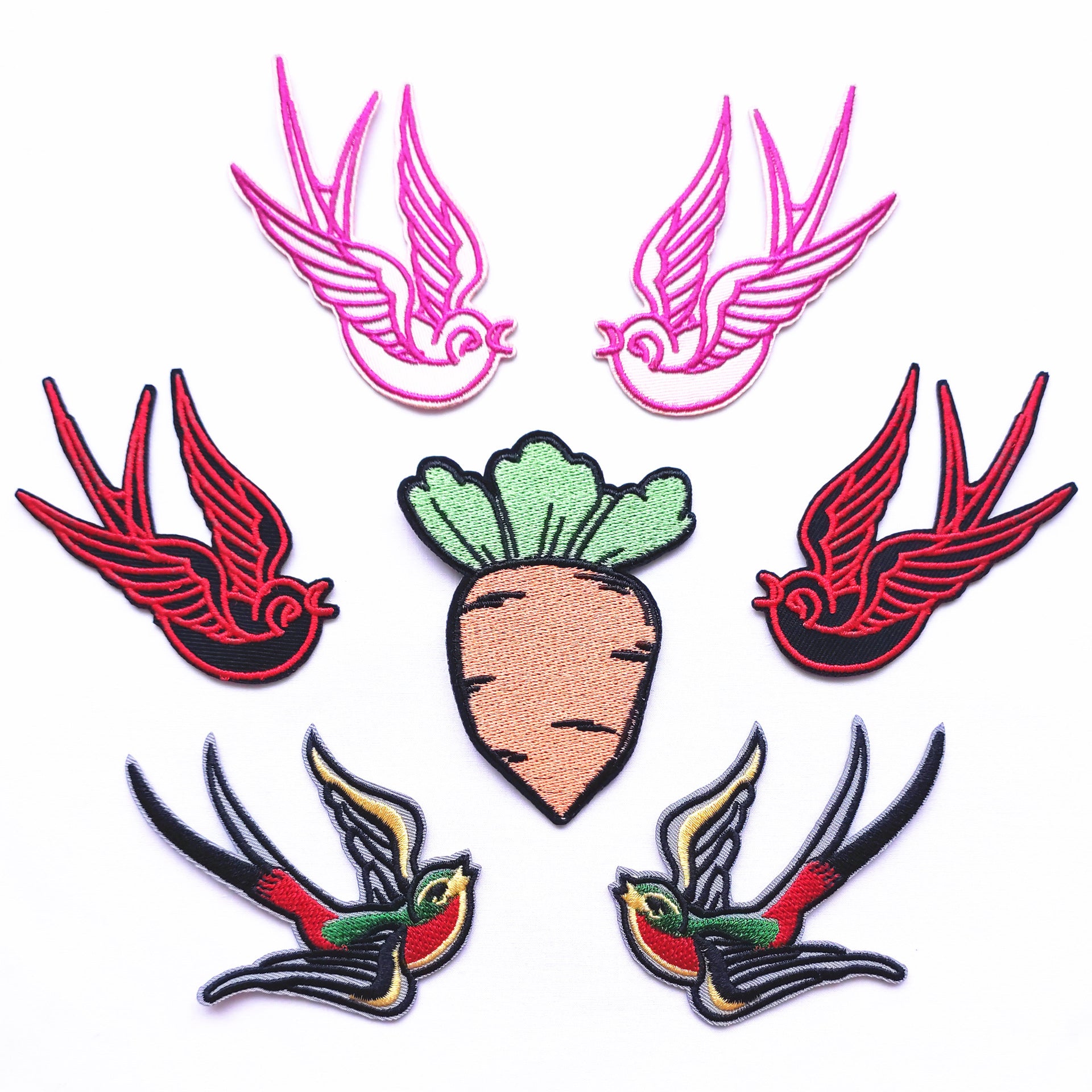 Wholesale Stylish Swallow Bird Carrot Red Embroidered Cloth Patch 7 Piece Set For Coat DIY