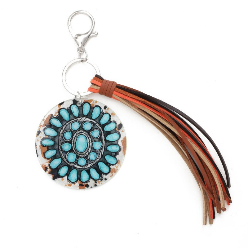 Wholesale Round Acrylic Cactus Sunflower Bull Head Print Tassel Keychain