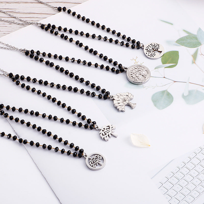 Wholesale Black Glass Beads Tree Of Life Titanium Steel Necklaces