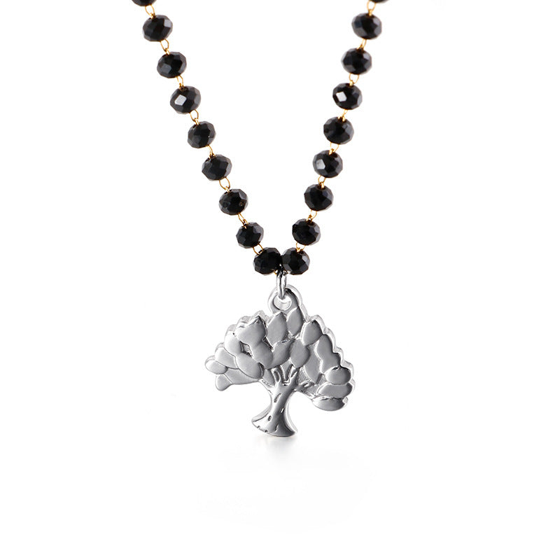 Wholesale Black Glass Beads Tree Of Life Titanium Steel Necklaces