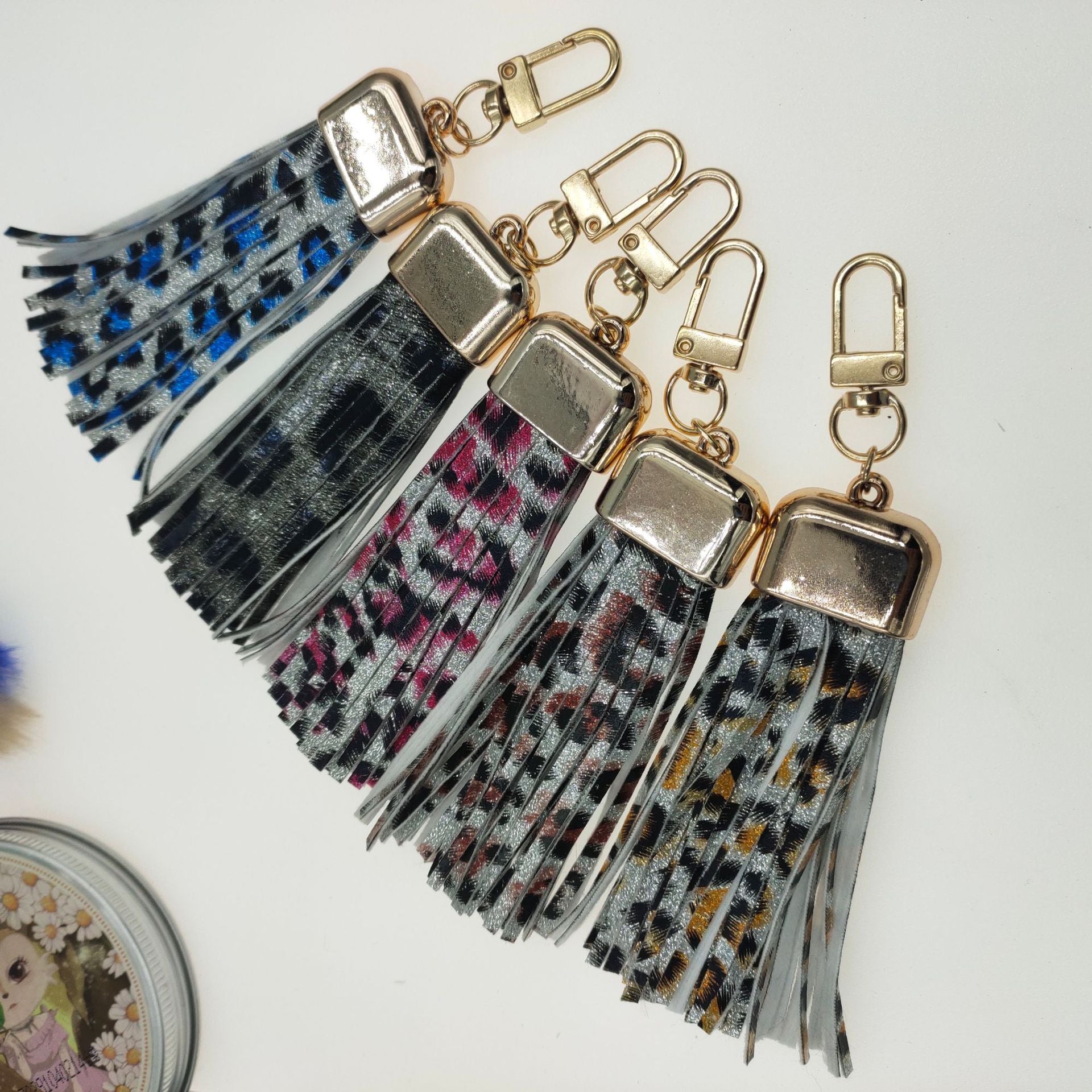 Wholesale Leopard Flower Leather Tassel Keychain