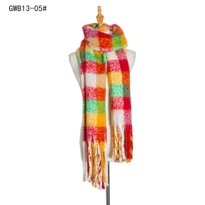 Wholesale Autumn and Winter New Thickened Circle Yarn Thick Tassel Color Plaid Braid Polyester Scarf