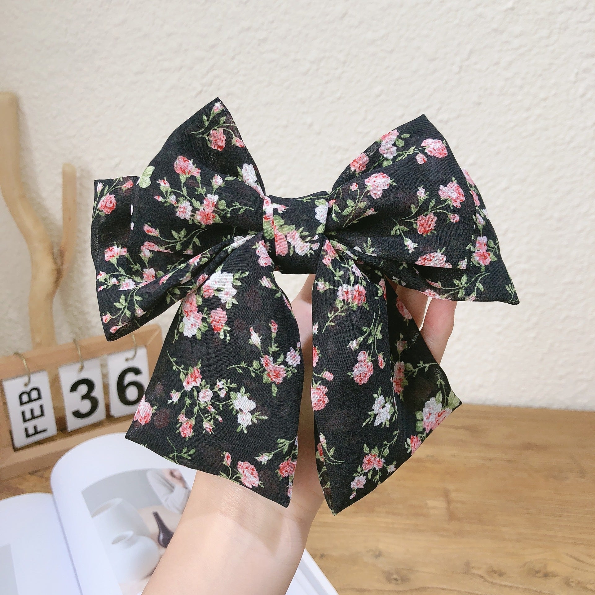 Wholesale Three-layer Floral Large Bow Fabric Chiffon Back Head Spring Clip