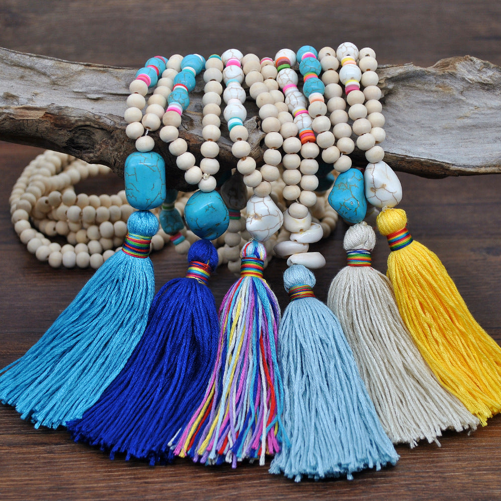Wholesale Wooden Beads Polymer Clay Colorful Tassel Long Necklace