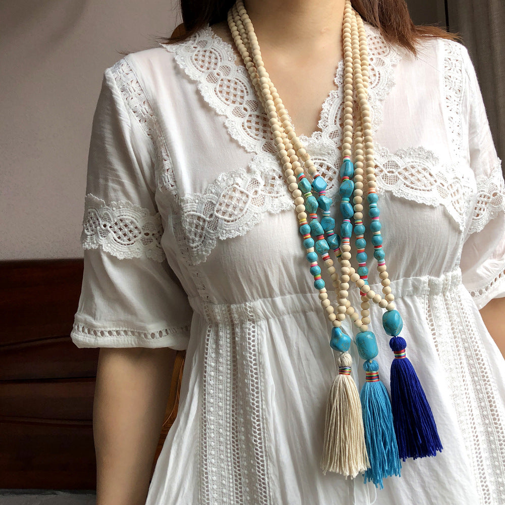 Wholesale Wooden Beads Polymer Clay Colorful Tassel Long Necklace