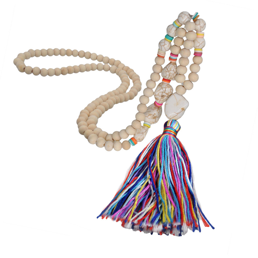 Wholesale Wooden Beads Polymer Clay Colorful Tassel Long Necklace