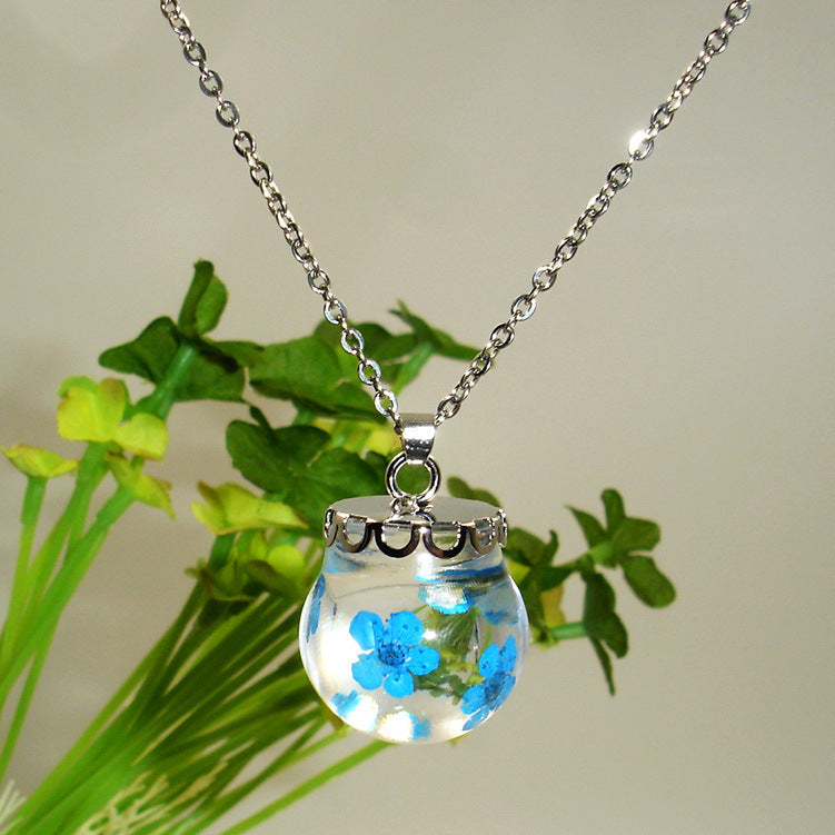 Wholesale 6pcs Blue Forget-me-not Spherical Resin Drop Glue Real Flower Necklace
