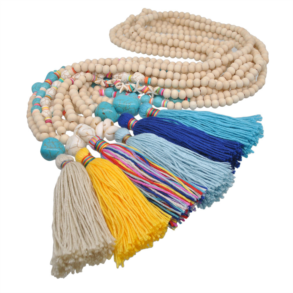 Wholesale Wooden Beads Polymer Clay Colorful Tassel Long Necklace