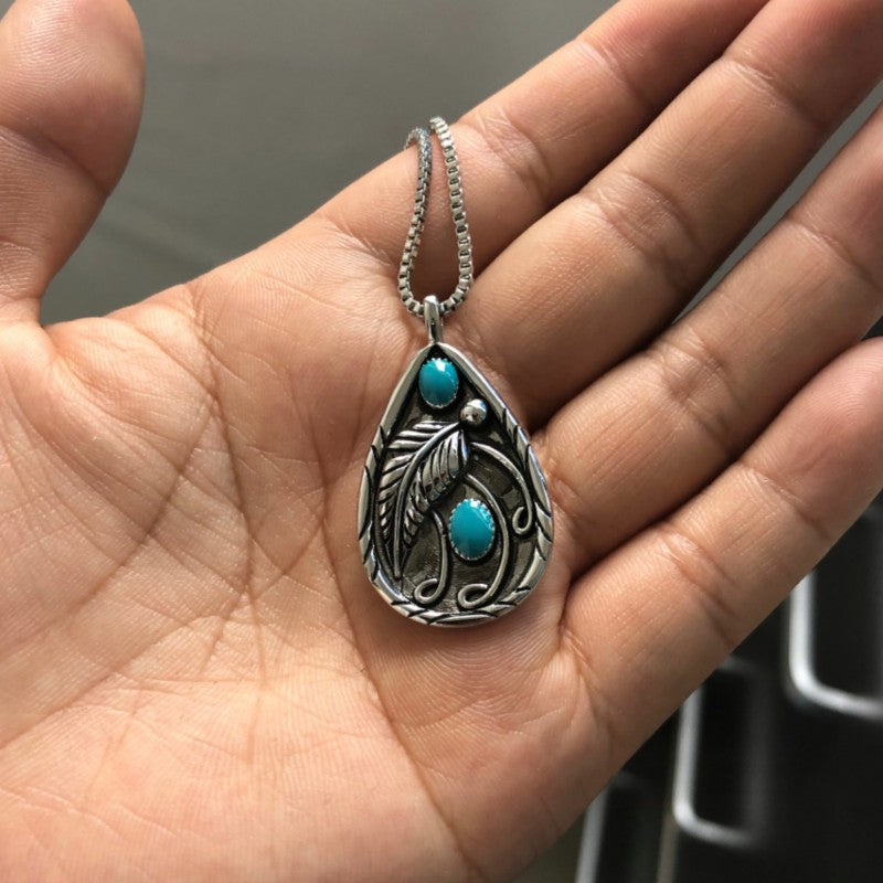 Wholesale Inlaid Turquoise Retro Black-Dyed Feather Pendant Plated S925 Silver Necklace