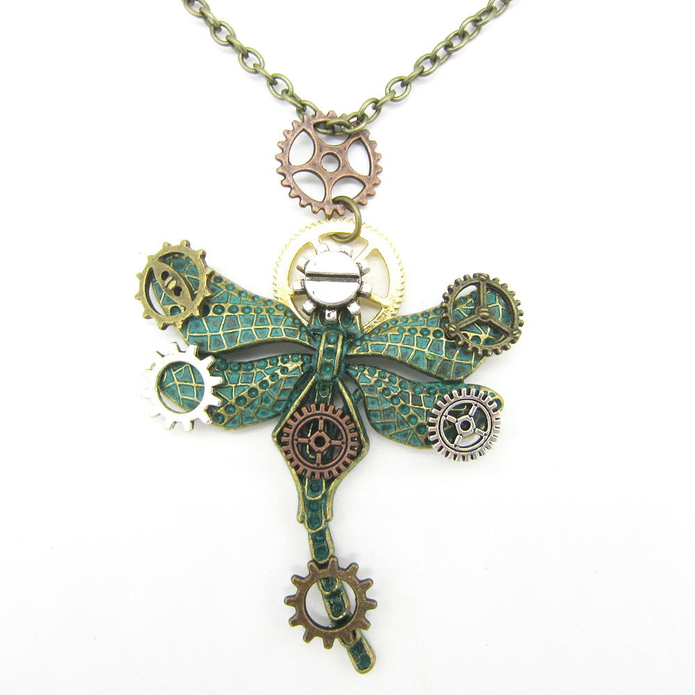 Wholesale Vintage Pinion Green Bronze Dragonfly Steampunk  Alloy Necklace