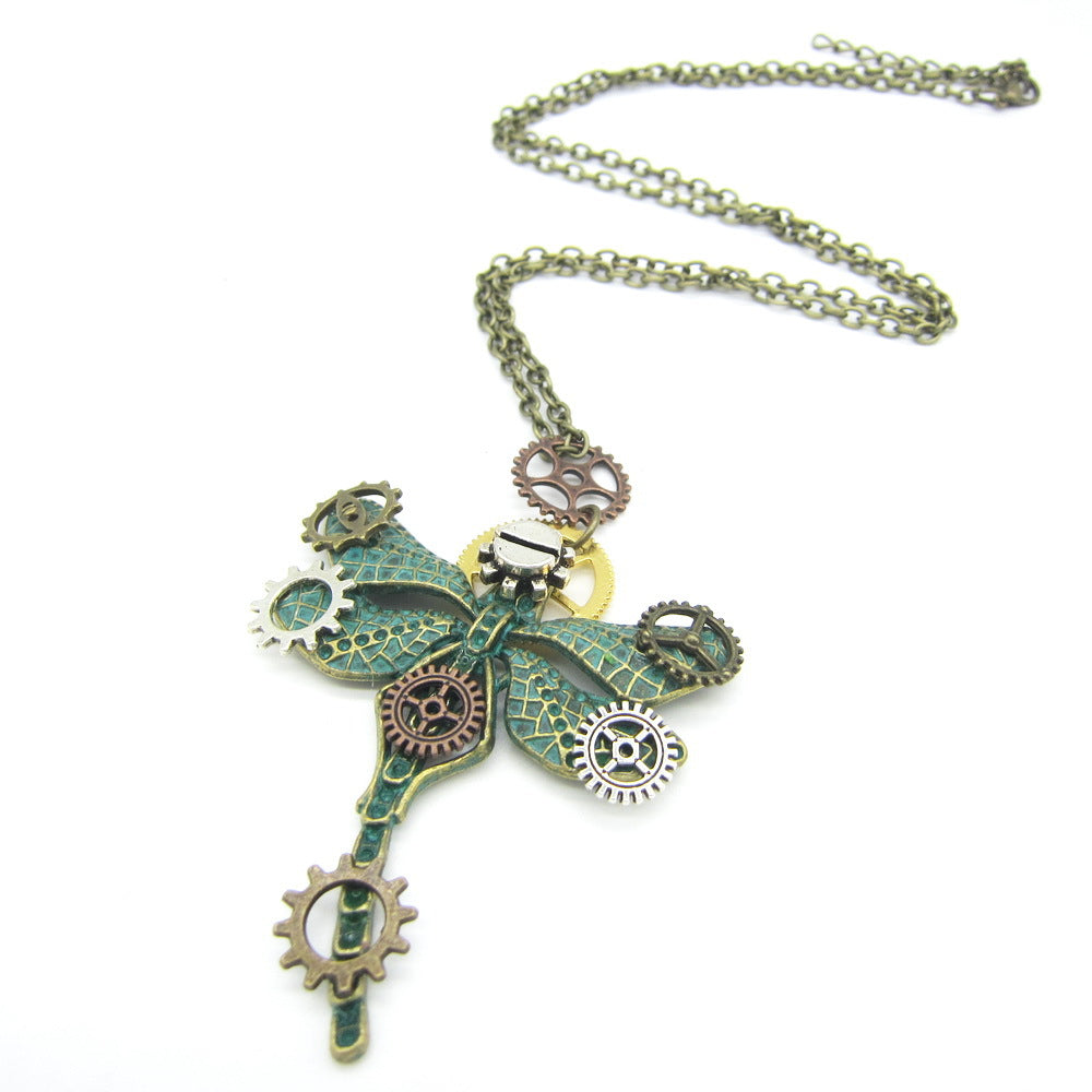 Wholesale Vintage Pinion Green Bronze Dragonfly Steampunk  Alloy Necklace