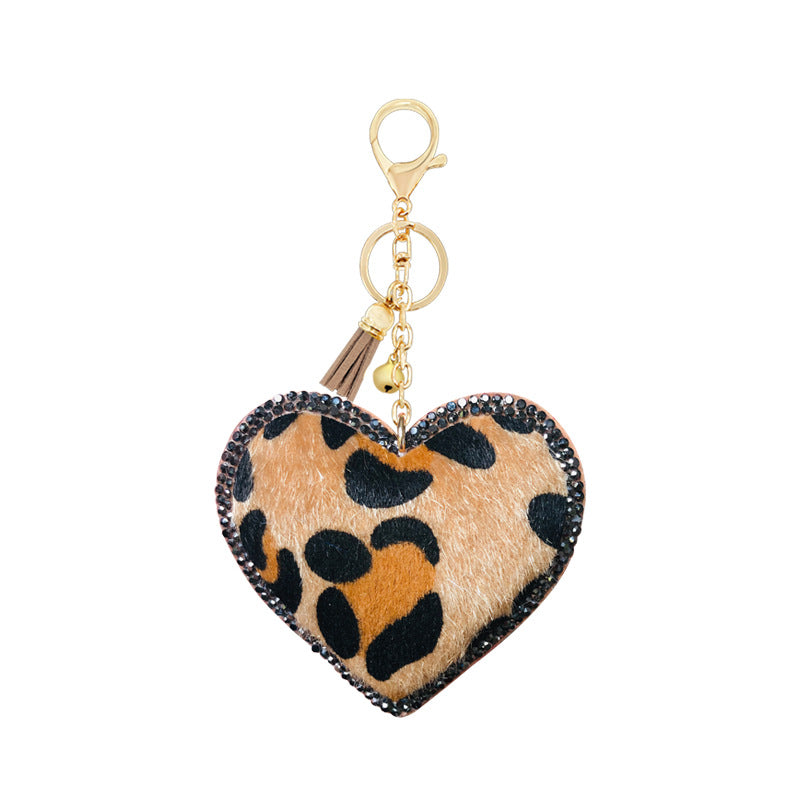Wholesale Velvet Leopard Pattern Love Style Diamond Inlaid Bell Tassel Keychain