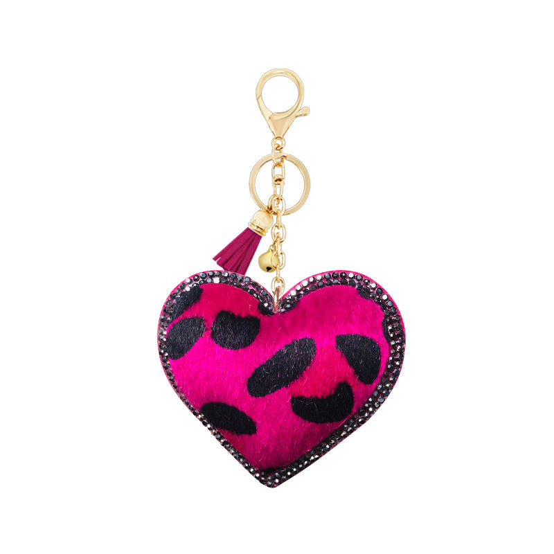 Wholesale Velvet Leopard Pattern Love Style Diamond Inlaid Bell Tassel Keychain
