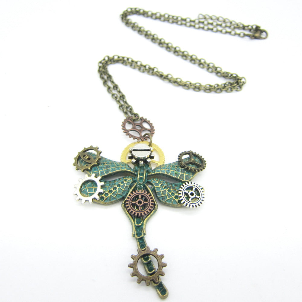 Wholesale Vintage Pinion Green Bronze Dragonfly Steampunk  Alloy Necklace