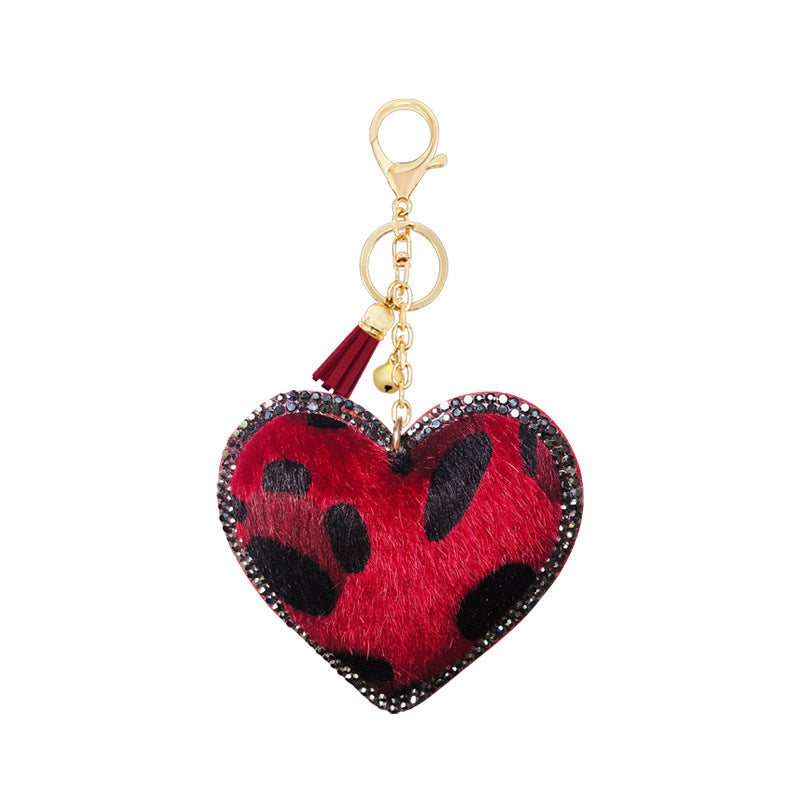 Wholesale Velvet Leopard Pattern Love Style Diamond Inlaid Bell Tassel Keychain