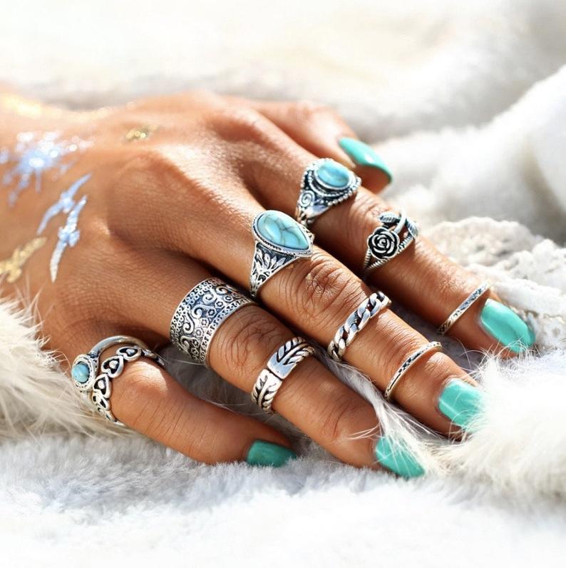 Wholesale Vintage Totem Flower Turquoise 10 Piece Joint Combination Rings