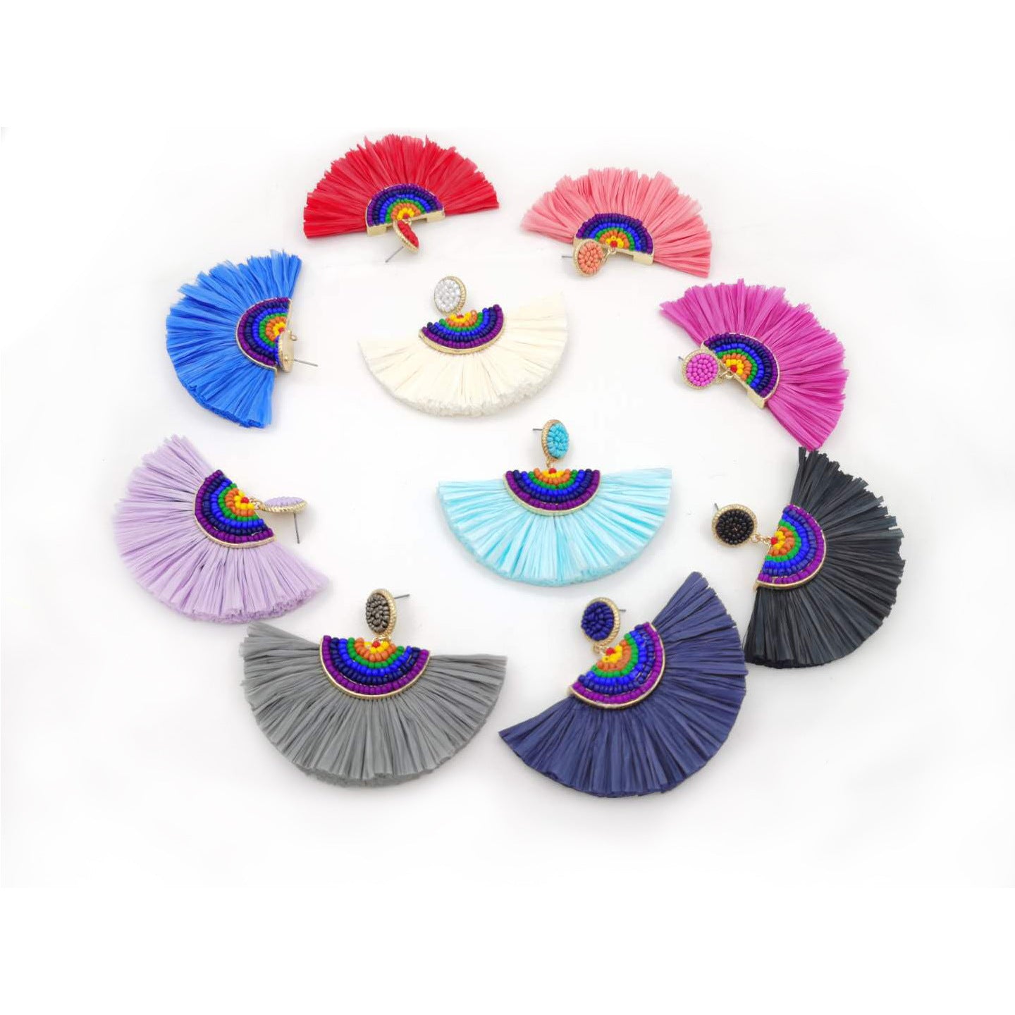 Wholesale Handwoven Color Block Rice Beads Exaggerated Raffia Earrings