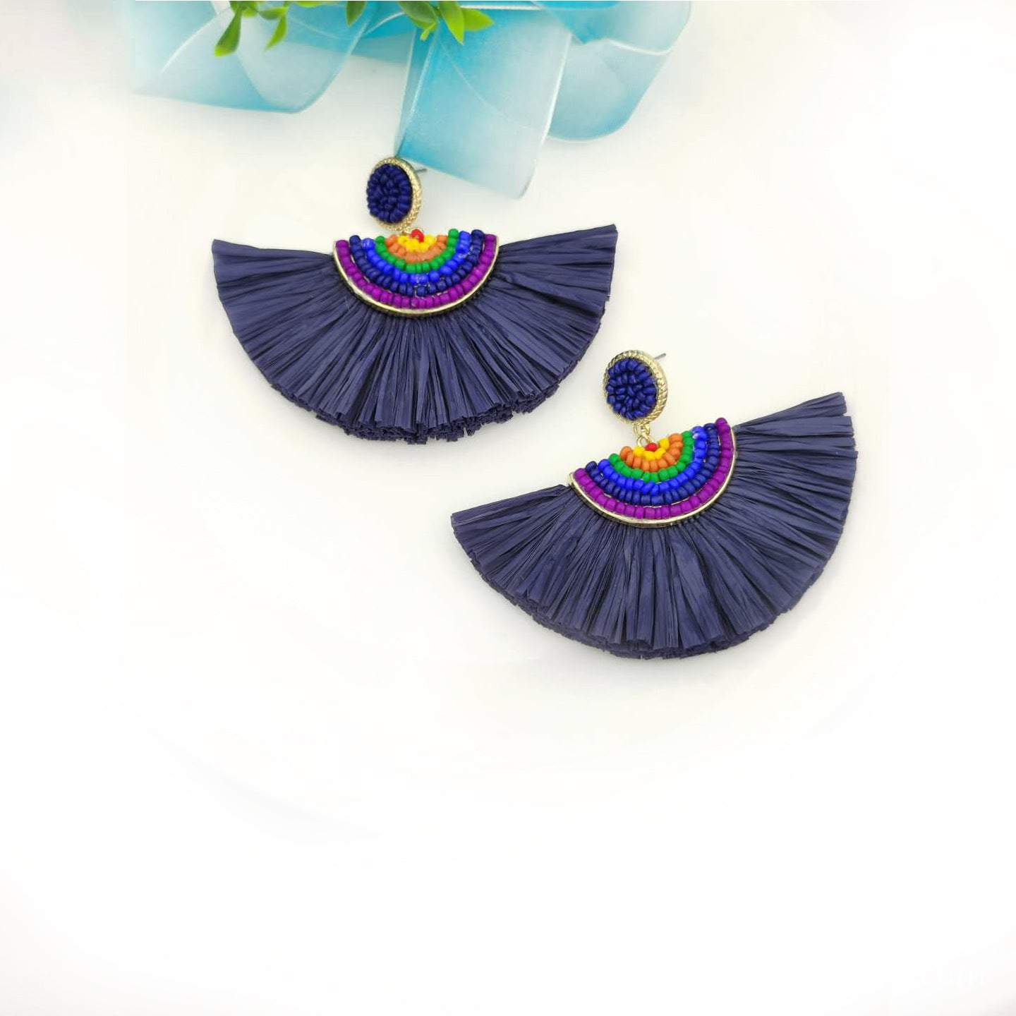 Wholesale Handwoven Color Block Rice Beads Exaggerated Raffia Earrings