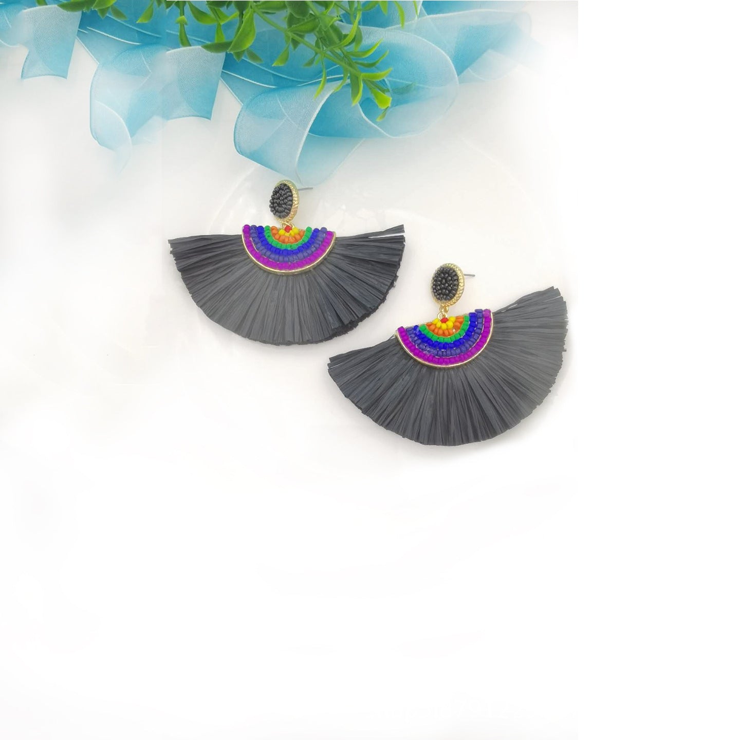 Wholesale Handwoven Color Block Rice Beads Exaggerated Raffia Earrings