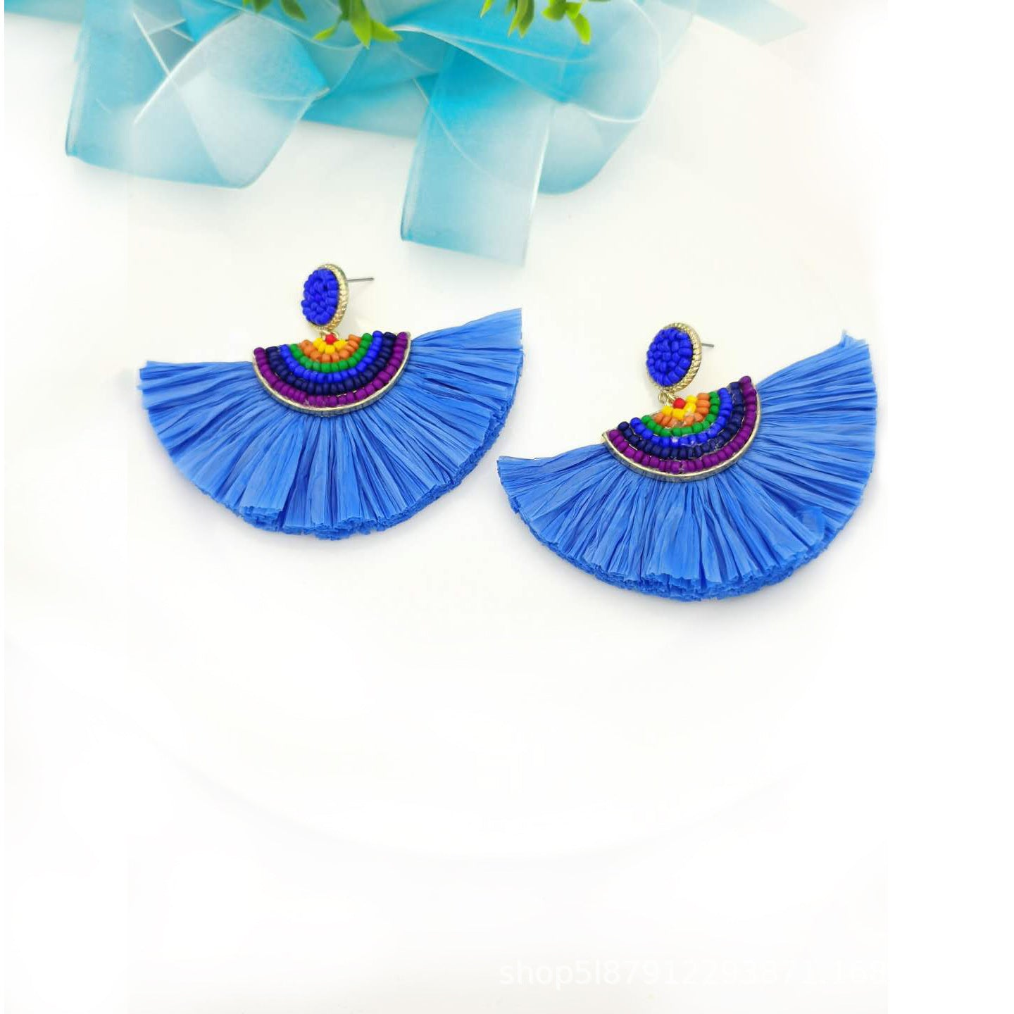 Wholesale Handwoven Color Block Rice Beads Exaggerated Raffia Earrings