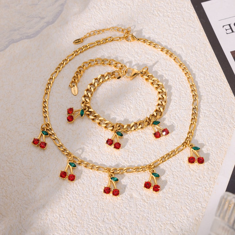 Wholesale Fashion Temperament Glass Stone Red Cherry Popular Simple Necklace Bracelet Set