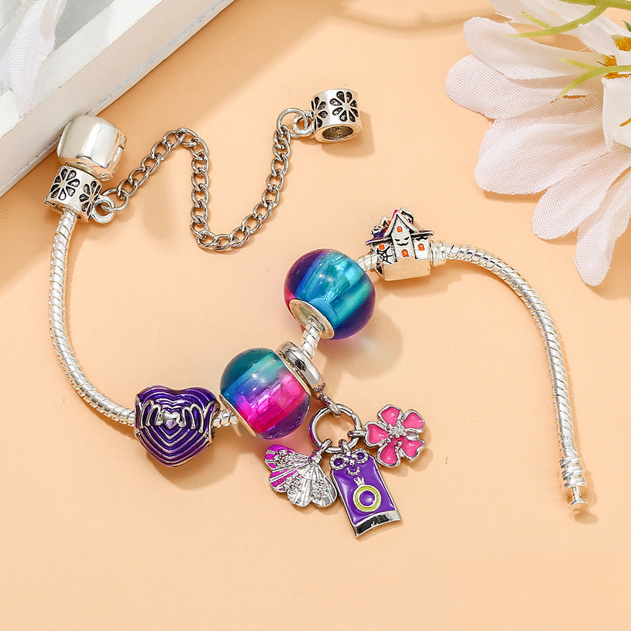 Wholesale Purple MOM Corrugated Love Beaded Envelope Flower Crystal Alloy Bracelet