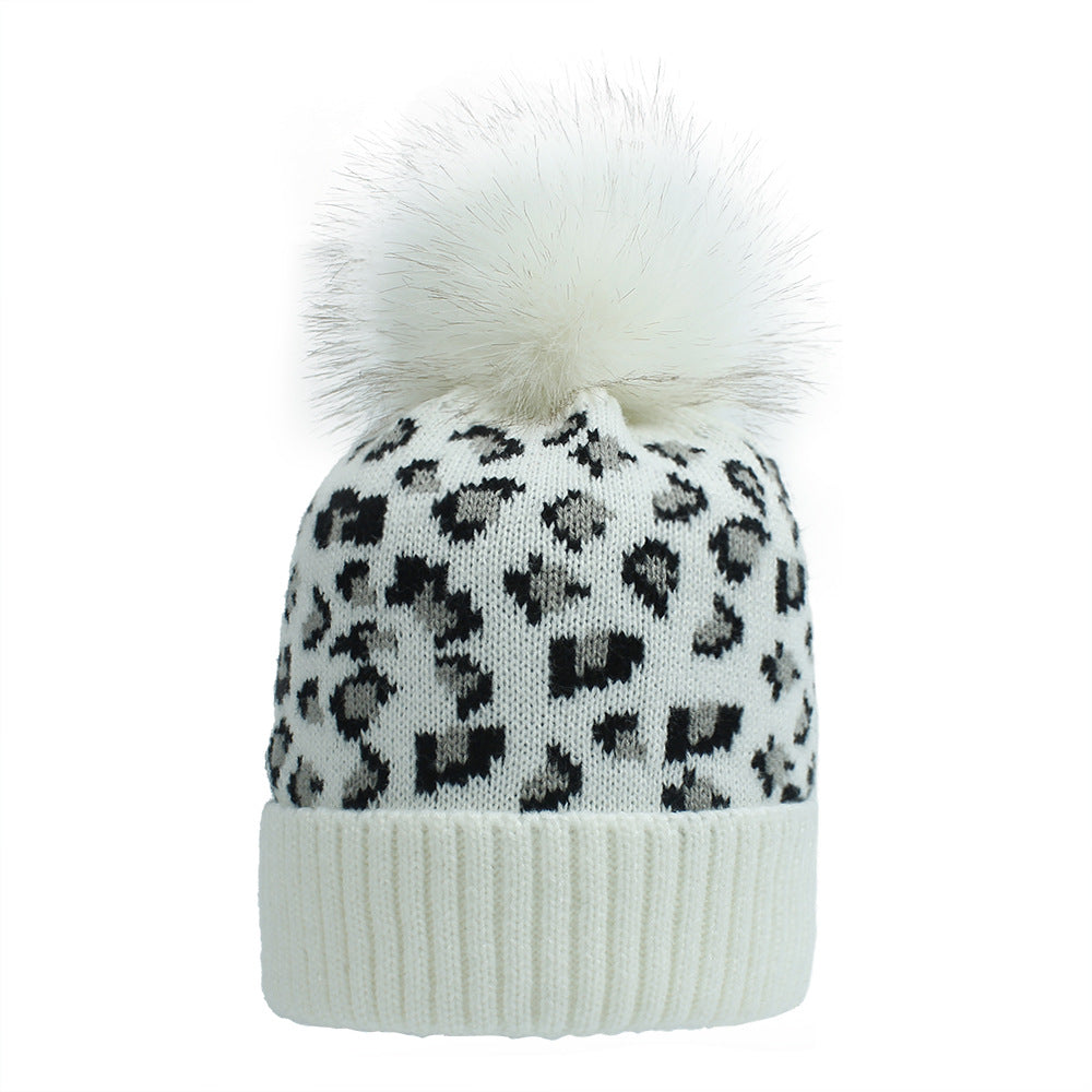Wholesale Leopard print woolen knitted hat,  fashionable warm big furball hat
