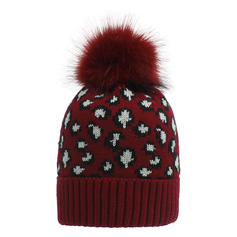 Wholesale Leopard print woolen knitted hat,  fashionable warm big furball hat