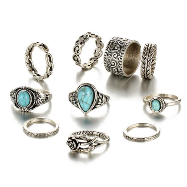 Wholesale Vintage Totem Flower Turquoise 10 Piece Joint Combination Rings