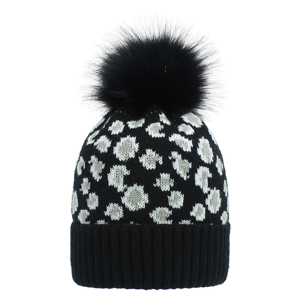 Wholesale Leopard print woolen knitted hat,  fashionable warm big furball hat