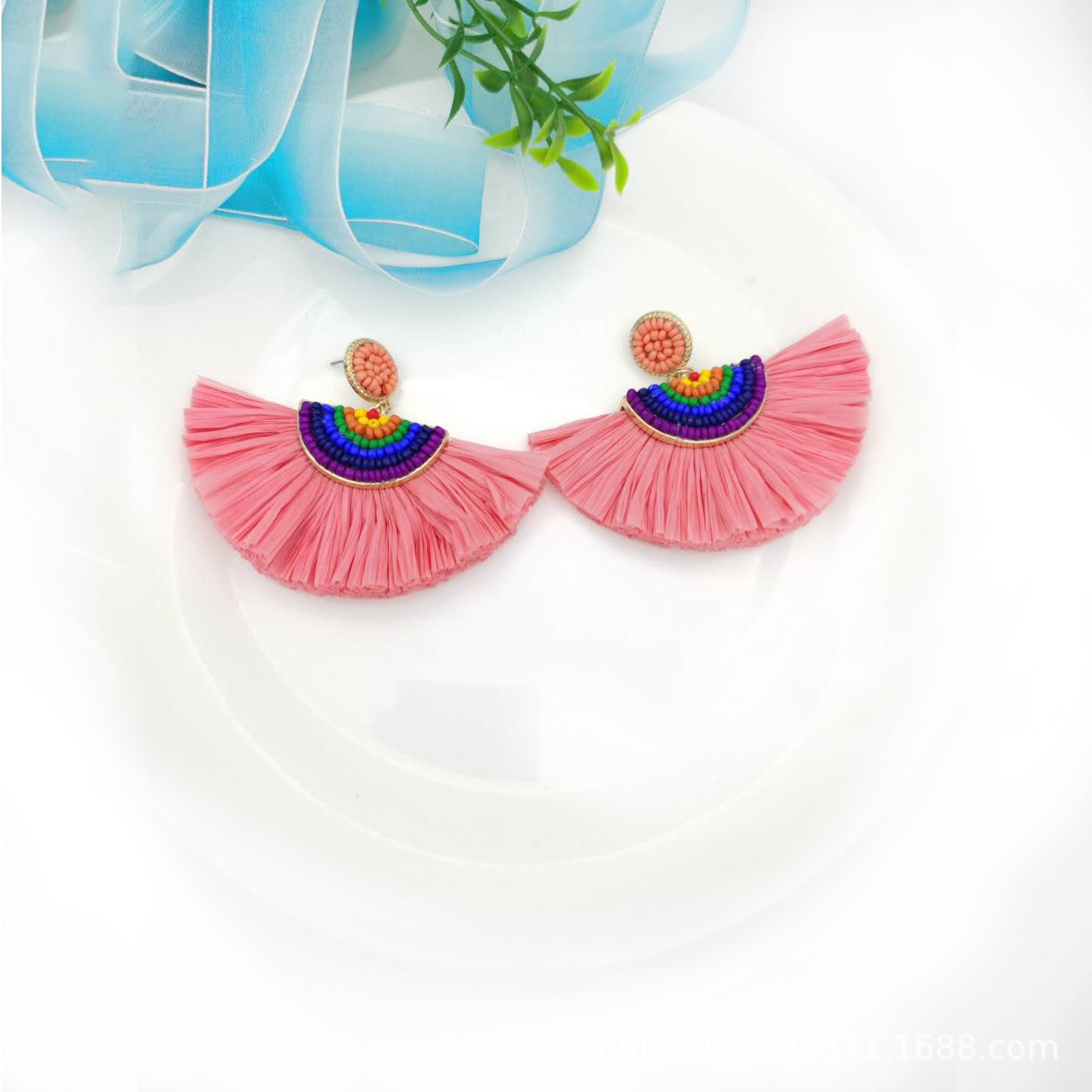 Wholesale Handwoven Color Block Rice Beads Exaggerated Raffia Earrings