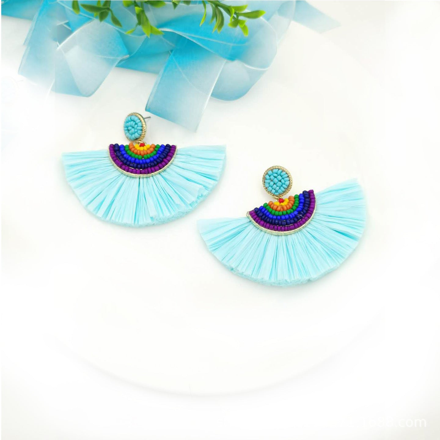 Wholesale Handwoven Color Block Rice Beads Exaggerated Raffia Earrings