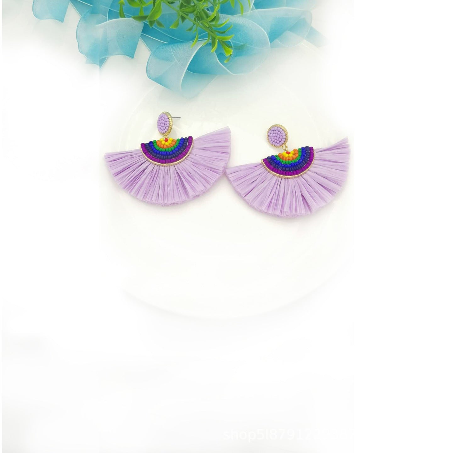 Wholesale Handwoven Color Block Rice Beads Exaggerated Raffia Earrings