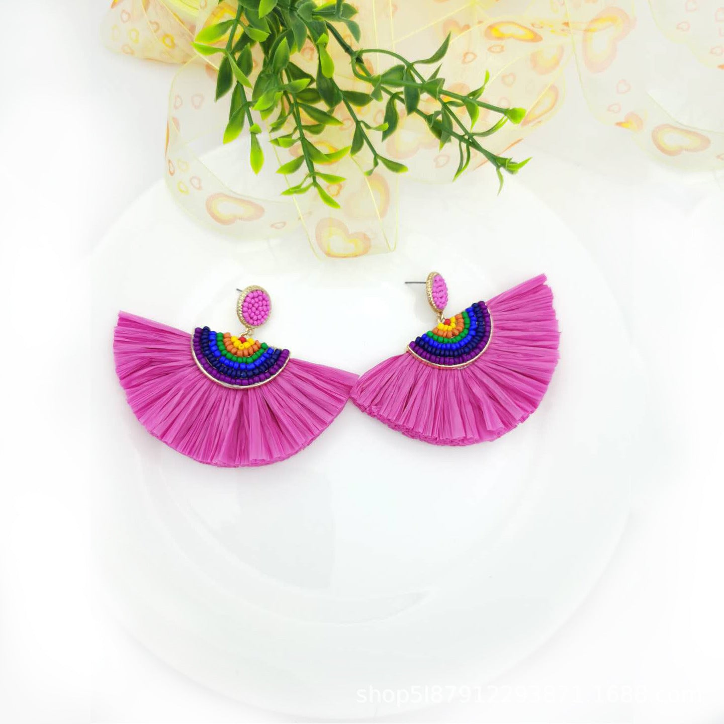 Wholesale Handwoven Color Block Rice Beads Exaggerated Raffia Earrings