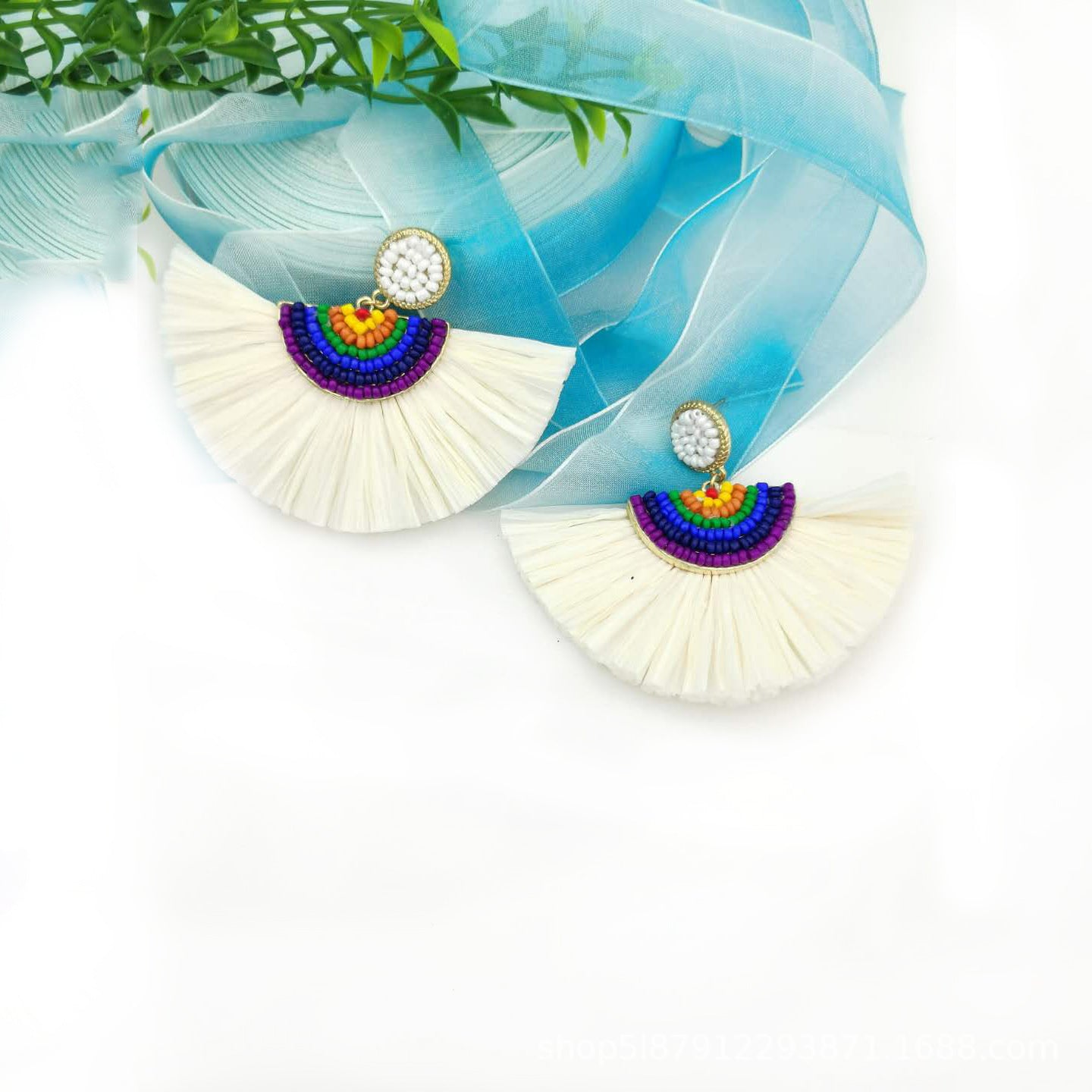 Wholesale Handwoven Color Block Rice Beads Exaggerated Raffia Earrings