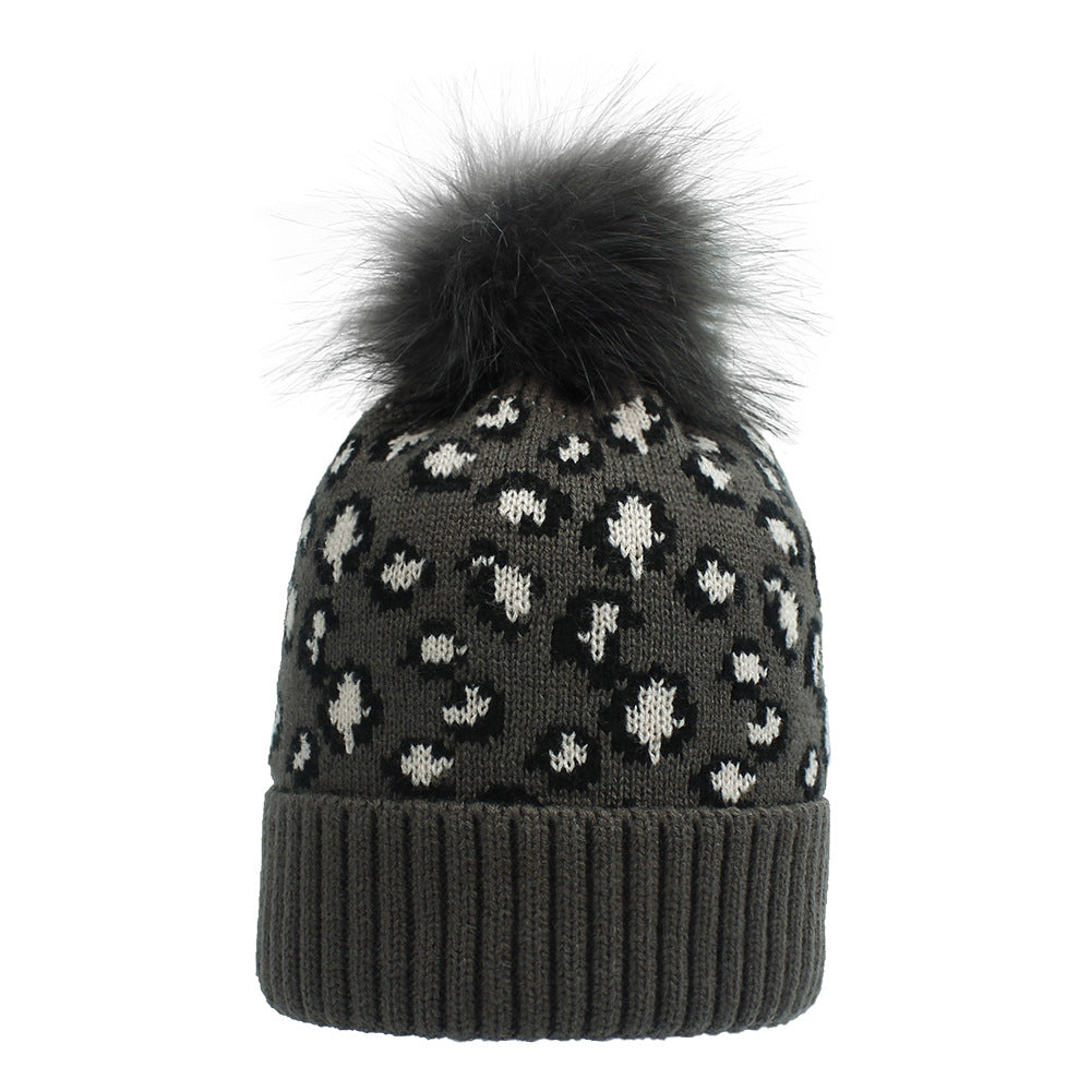 Wholesale Leopard print woolen knitted hat,  fashionable warm big furball hat