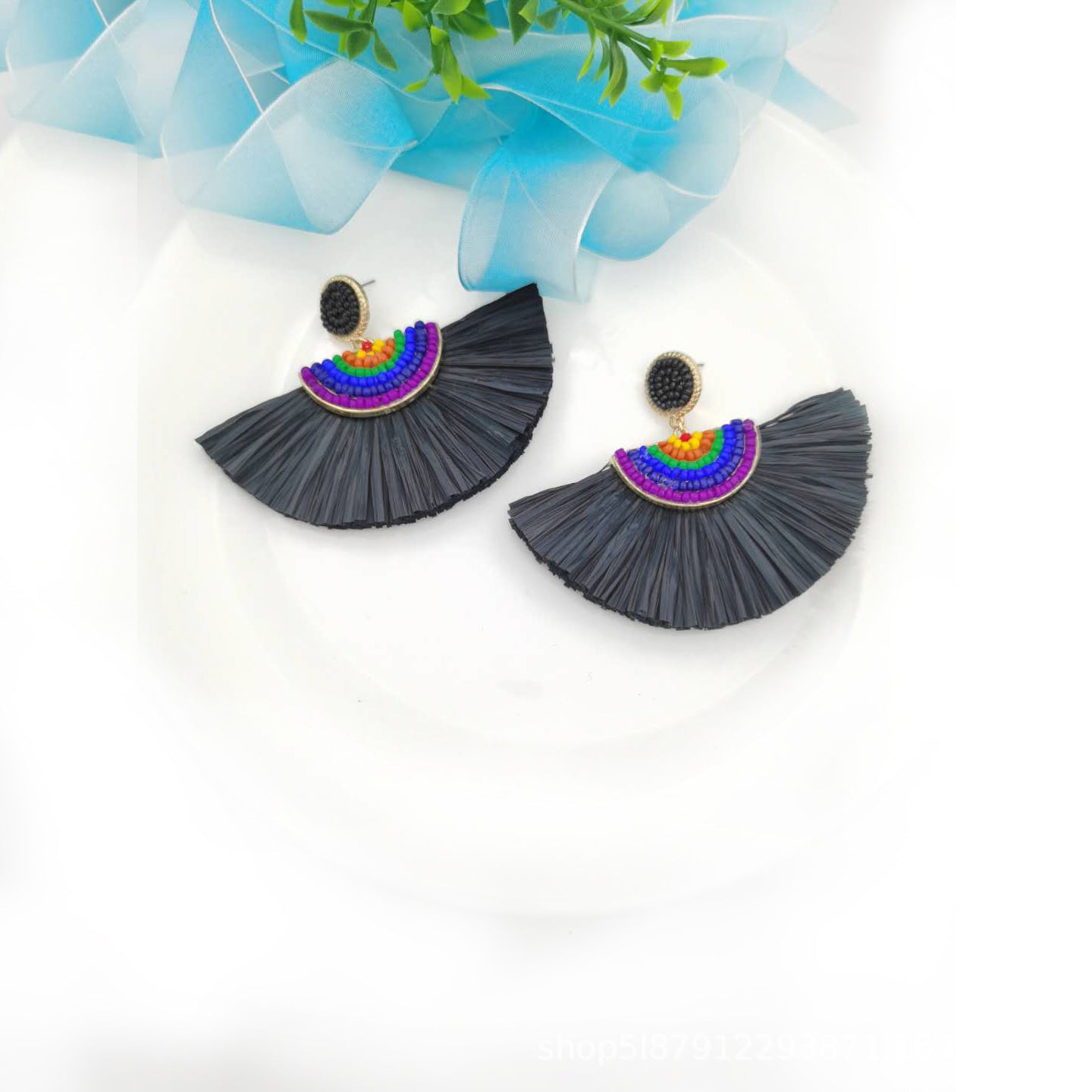Wholesale Handwoven Color Block Rice Beads Exaggerated Raffia Earrings
