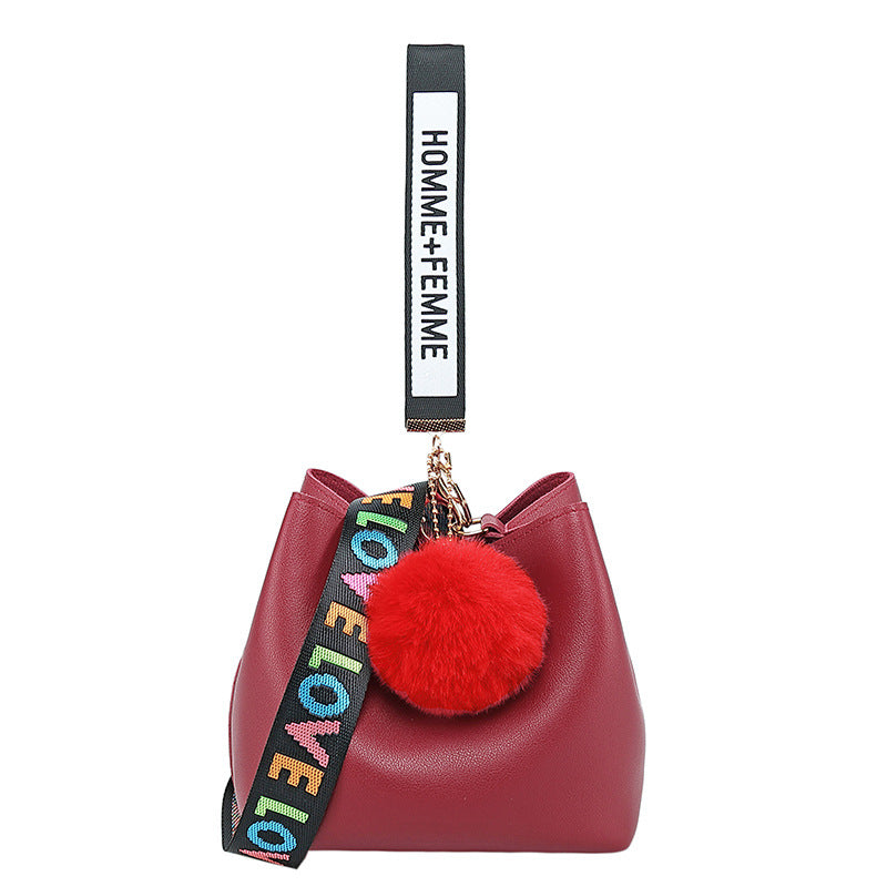 Wholesale LOVE Wide Shoulder Strap Plush Ball Decoration PU Single Shoulder Crossbody Bag