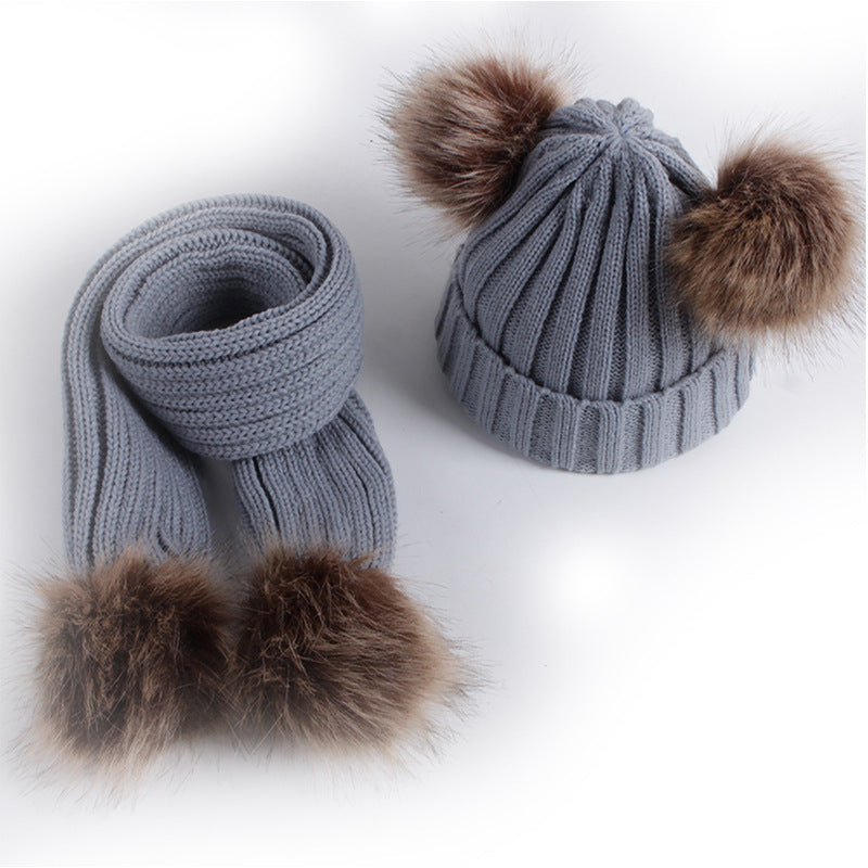 Wholesale Winter Children's Fur Ball Knitted Hat Scarf